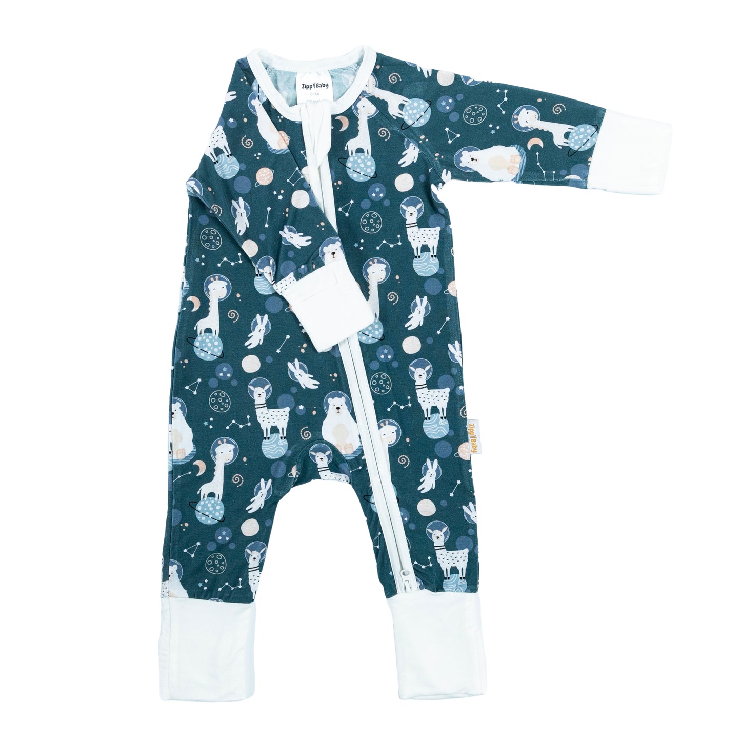Body pentru bebeluși - vedere laterală stânga, cu model cosmic și detalii albe.