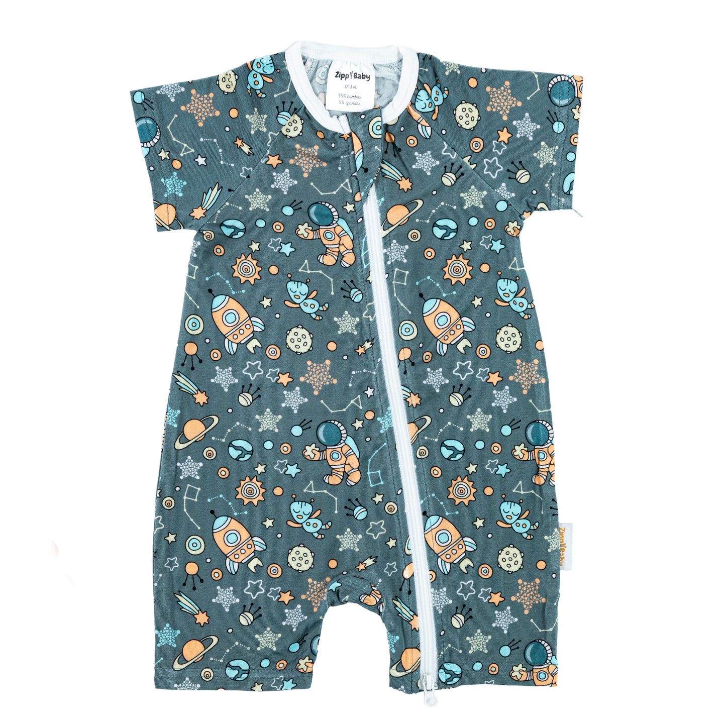 Body pentru bebeluși cu imprimeu spațial și fermoar alb, ideal pentru aventuri cosmice
