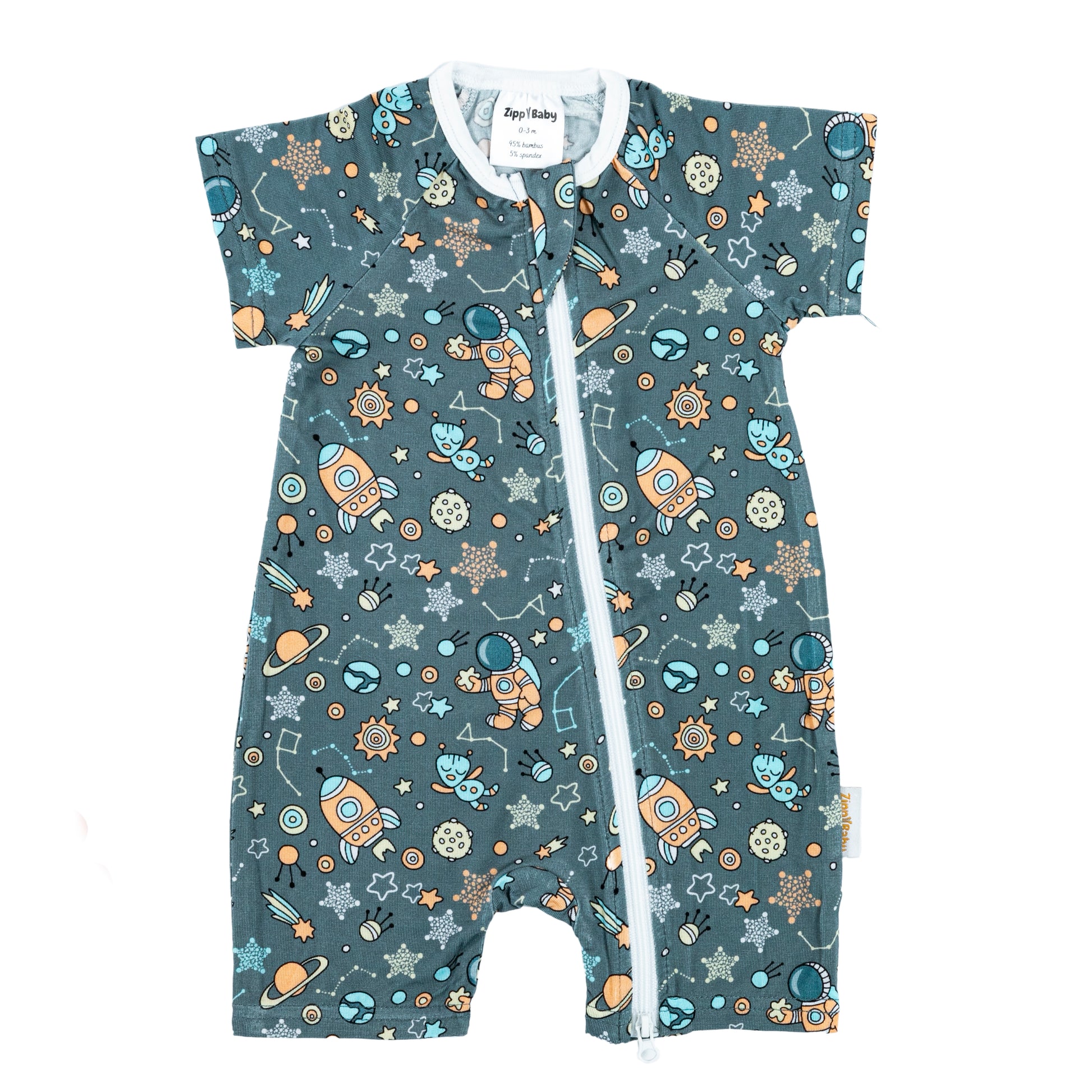 Body pentru bebeluși cu imprimeu spațial și fermoar alb, ideal pentru aventuri cosmice