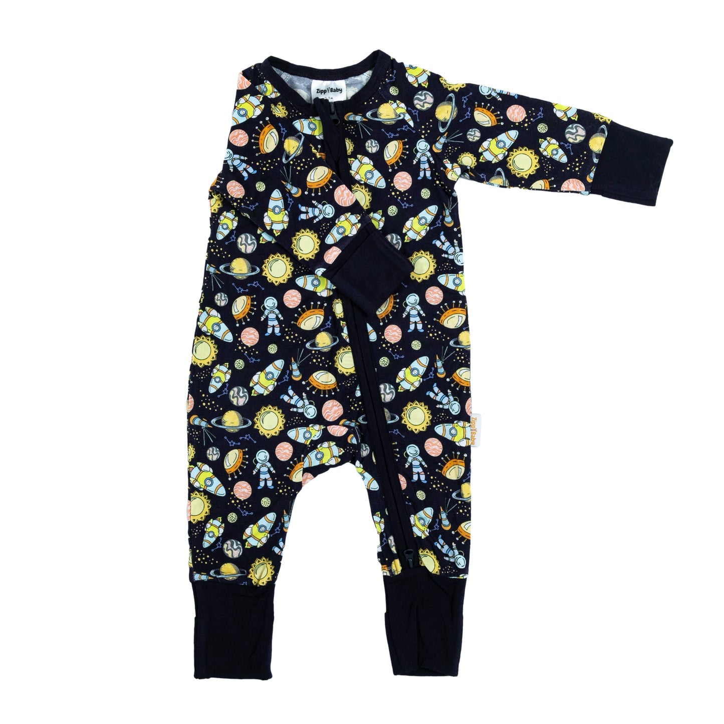 Body pentru bebeluși - vedere laterală stânga, cu model cosmic și detalii negre.