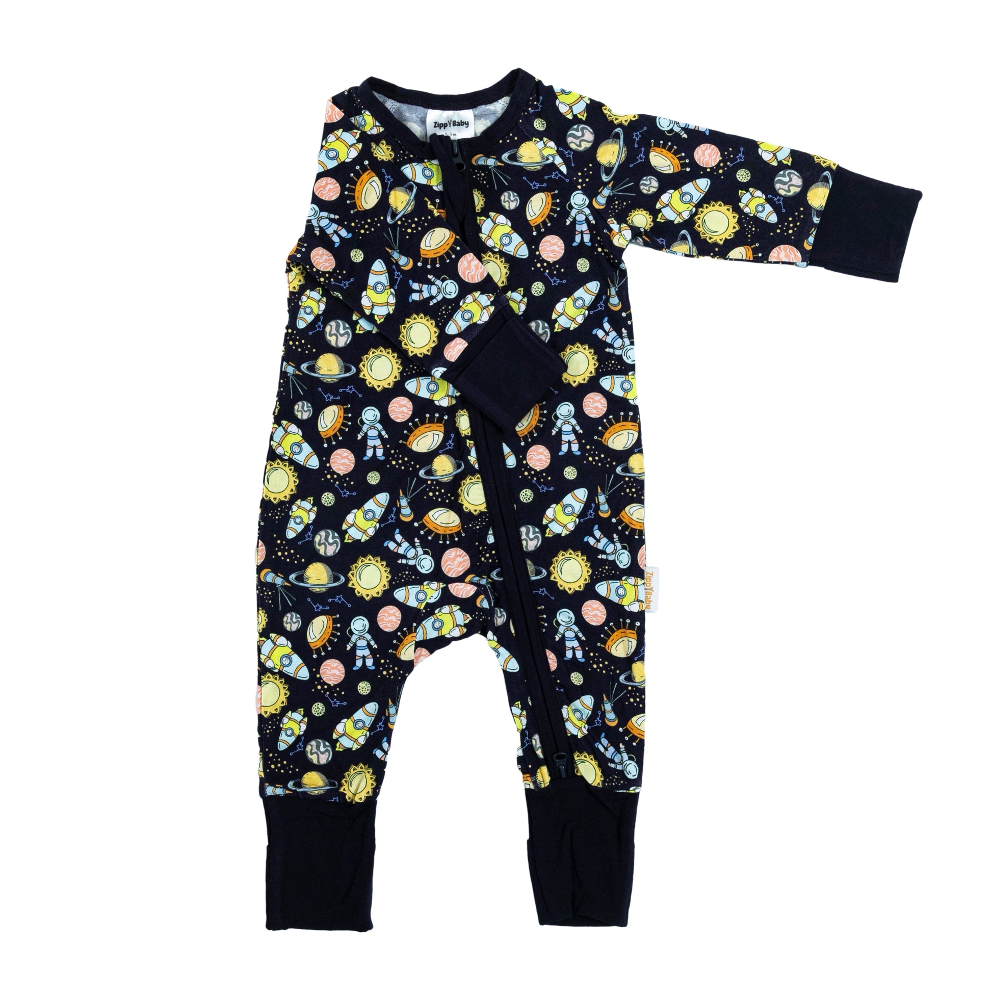 Body pentru bebeluși - vedere laterală stânga, cu model cosmic și detalii negre.