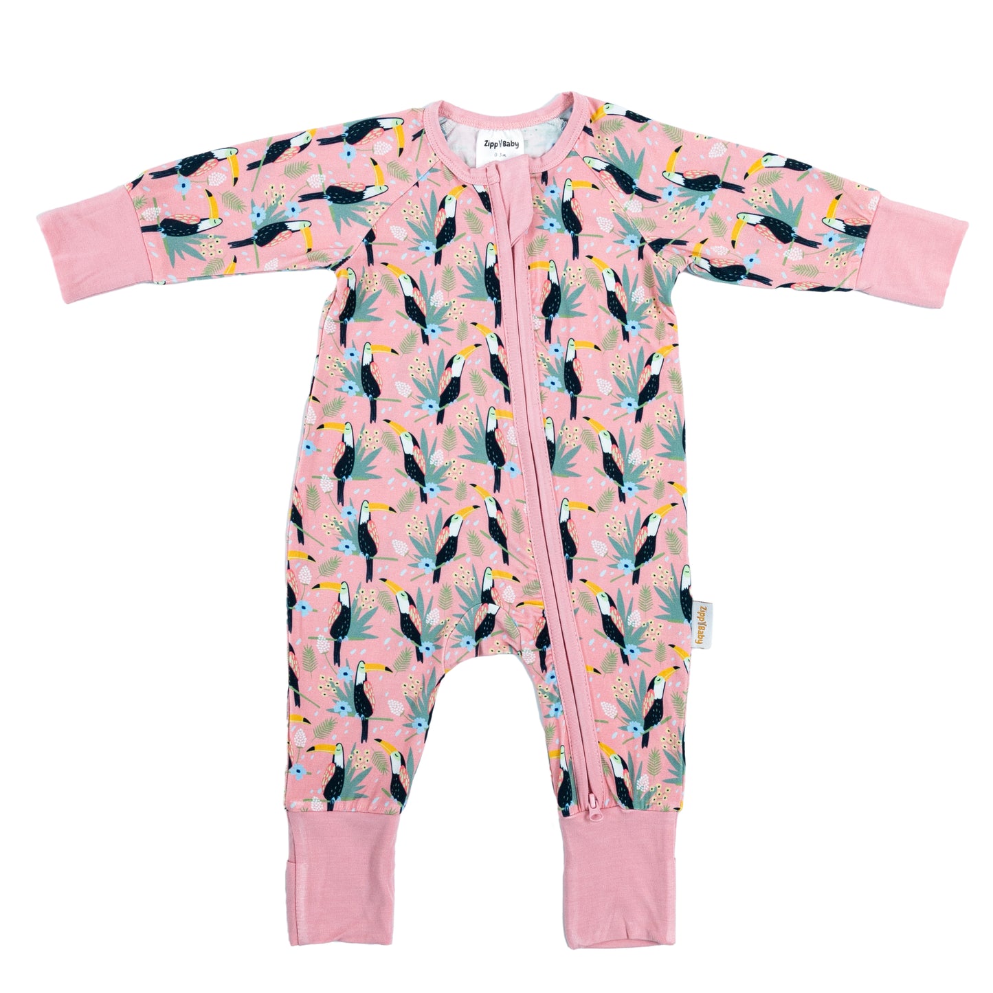 Body pentru bebeluși cu imprimeu de tucani și accente roz, perfect pentru micii exploratori tropicali.