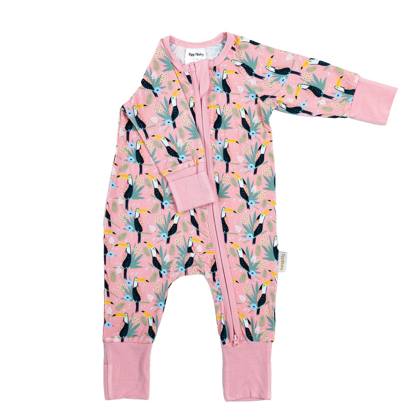 Body pentru bebeluși - vedere laterală stânga, cu model de tucani și detalii roz.